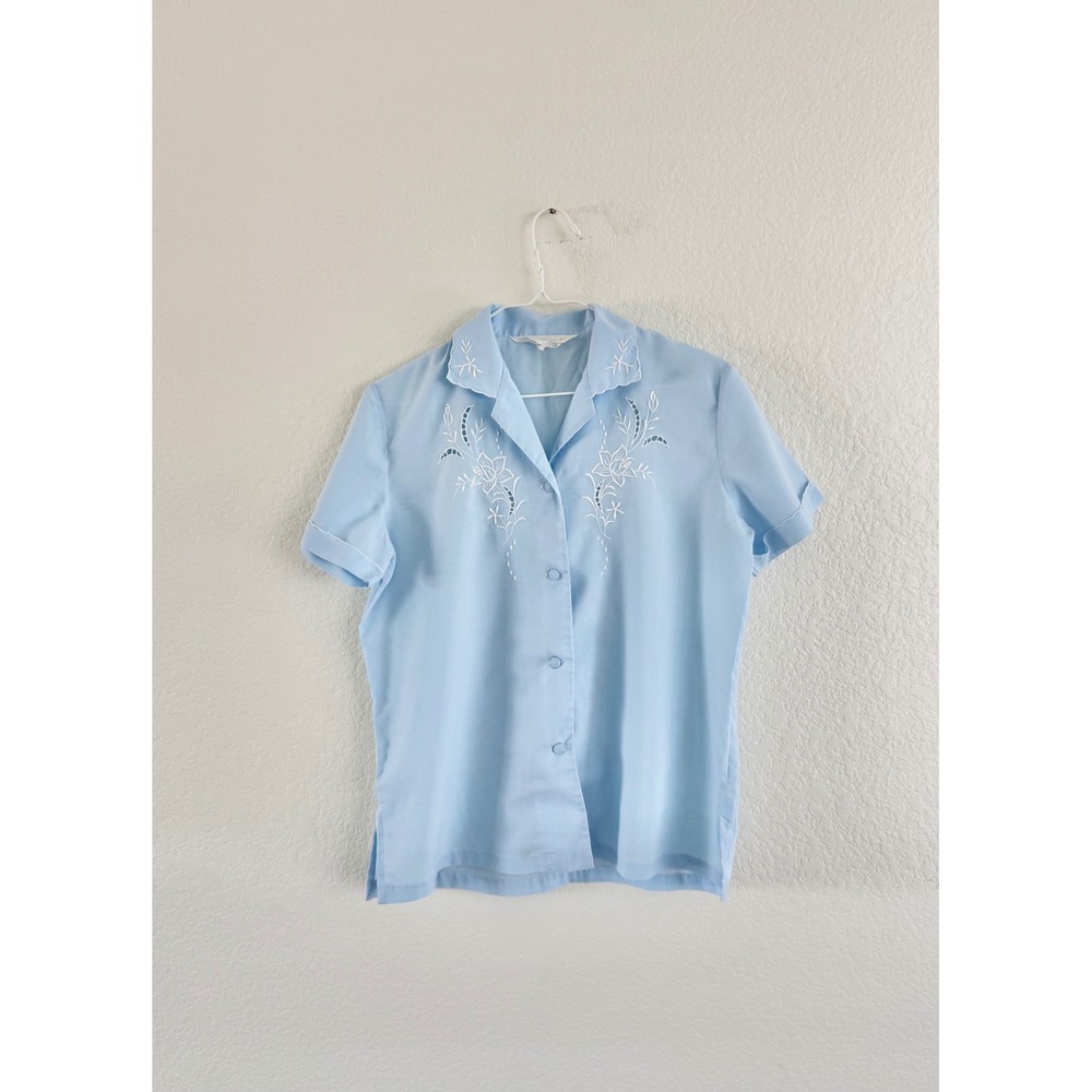 Barbizon Vintage Blouse Women Large Blue Embroidered Eyelet Short Sleeve 60s 70s